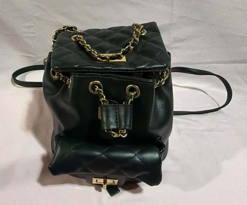 Badgley Mischka Black Quilted Mini Backpack Turn-Lock Gold Chain